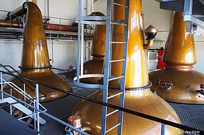 Zwei Brennblasenpaare stehen im Brennhaus der GlenAllachie Distillery